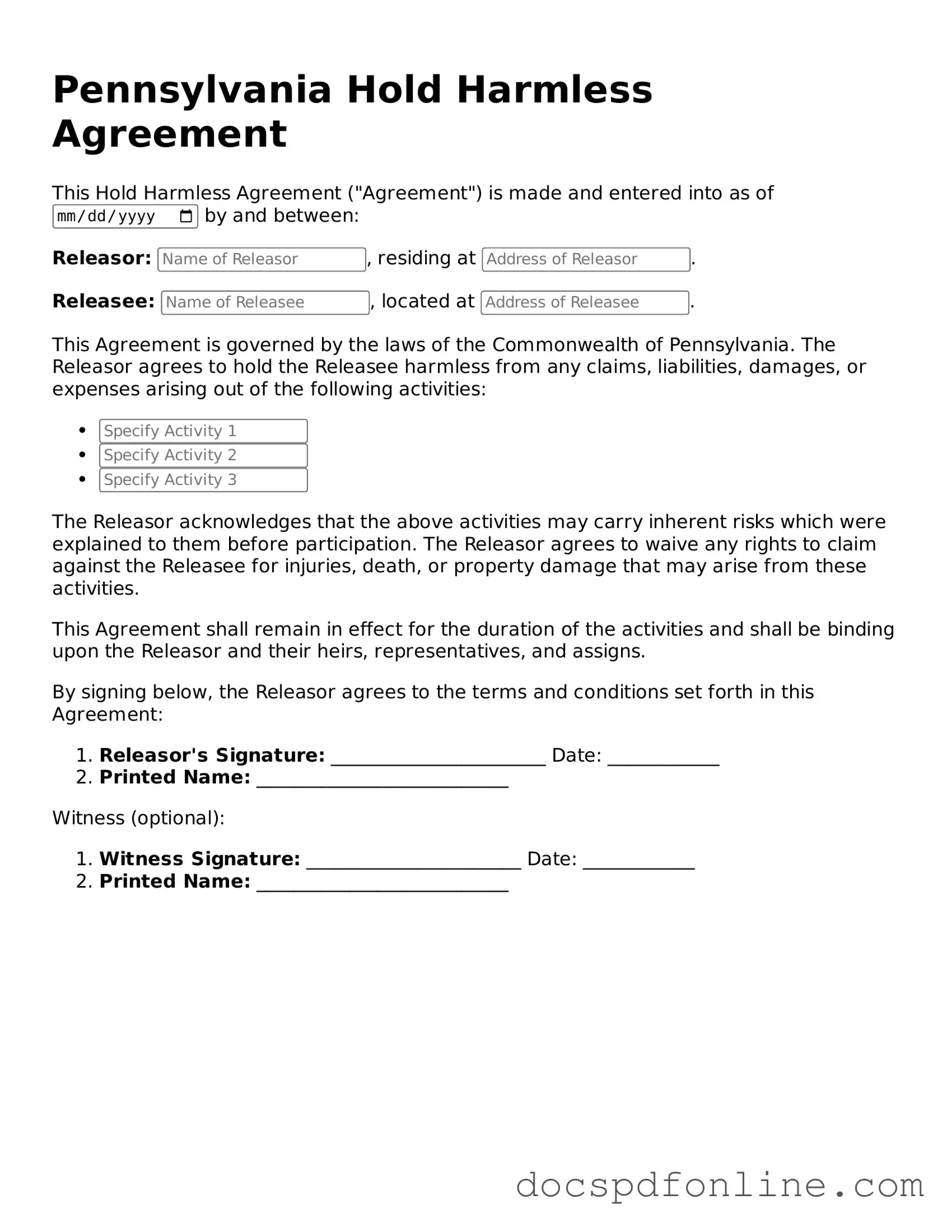 Legal  Hold Harmless Agreement Template for Pennsylvania