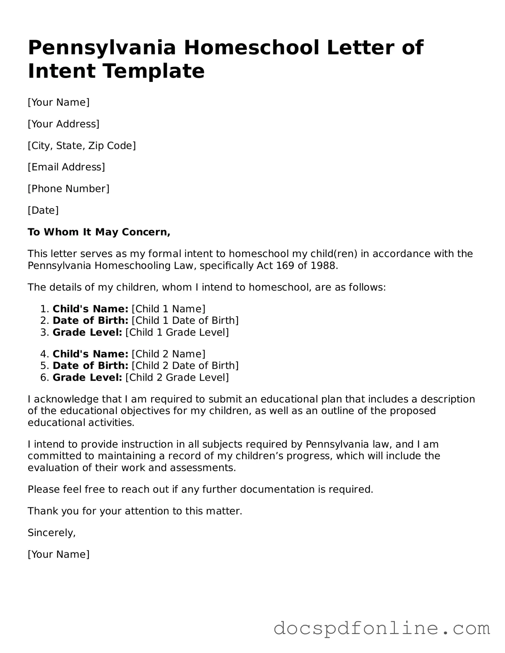Legal  Homeschool Letter of Intent Template for Pennsylvania