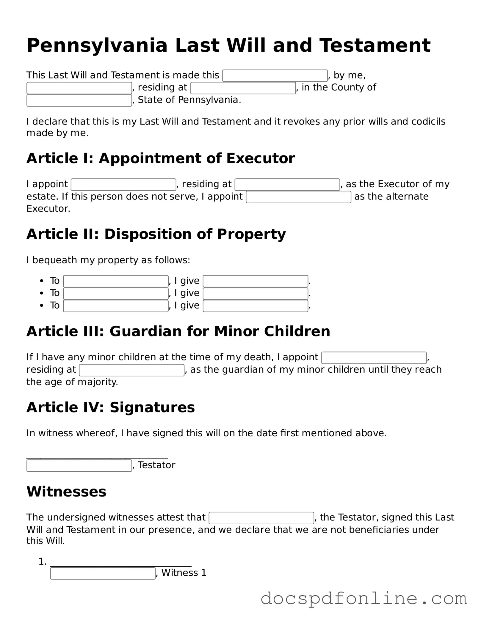 Legal  Last Will and Testament Template for Pennsylvania