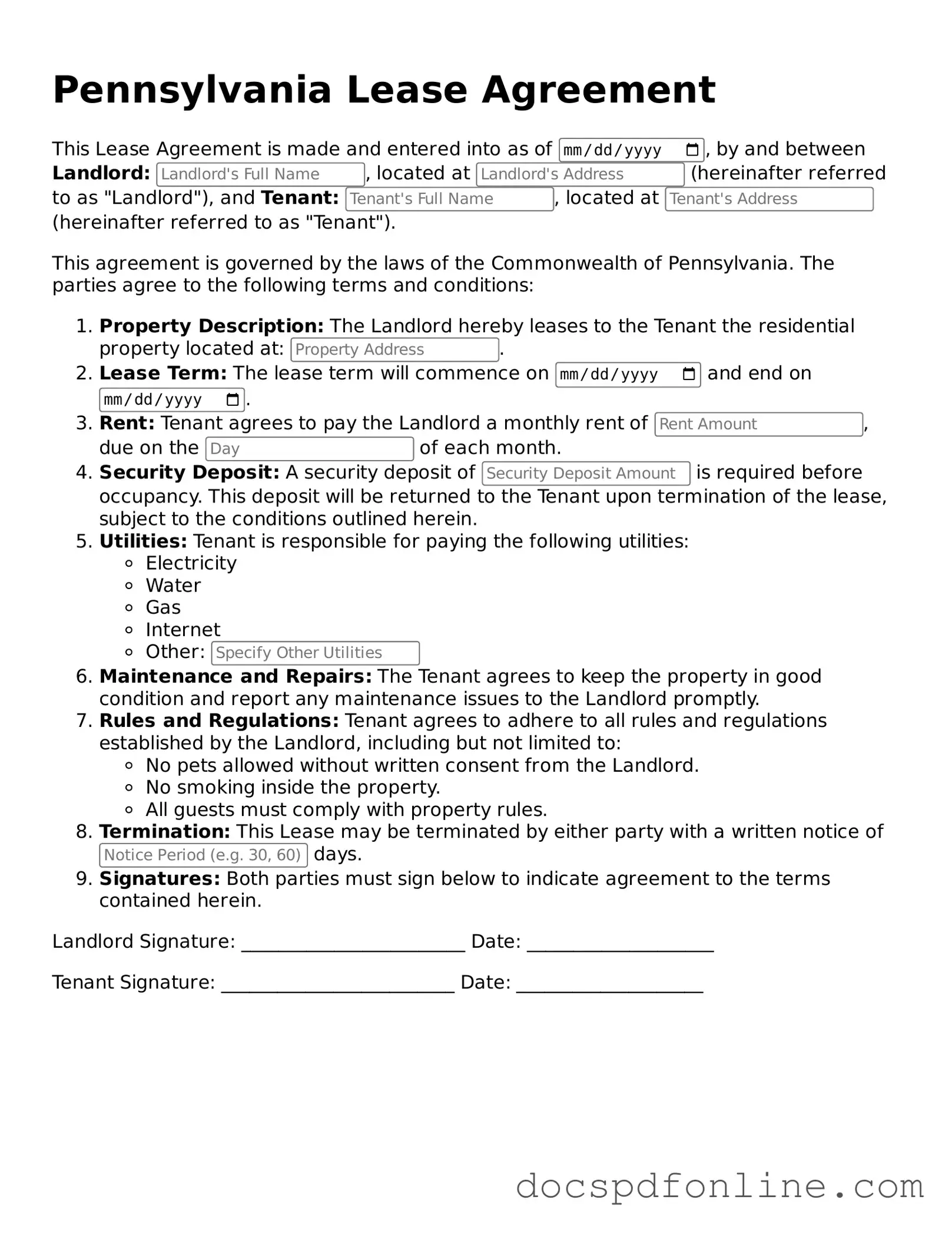 Legal Lease Agreement Template for Pennsylvania