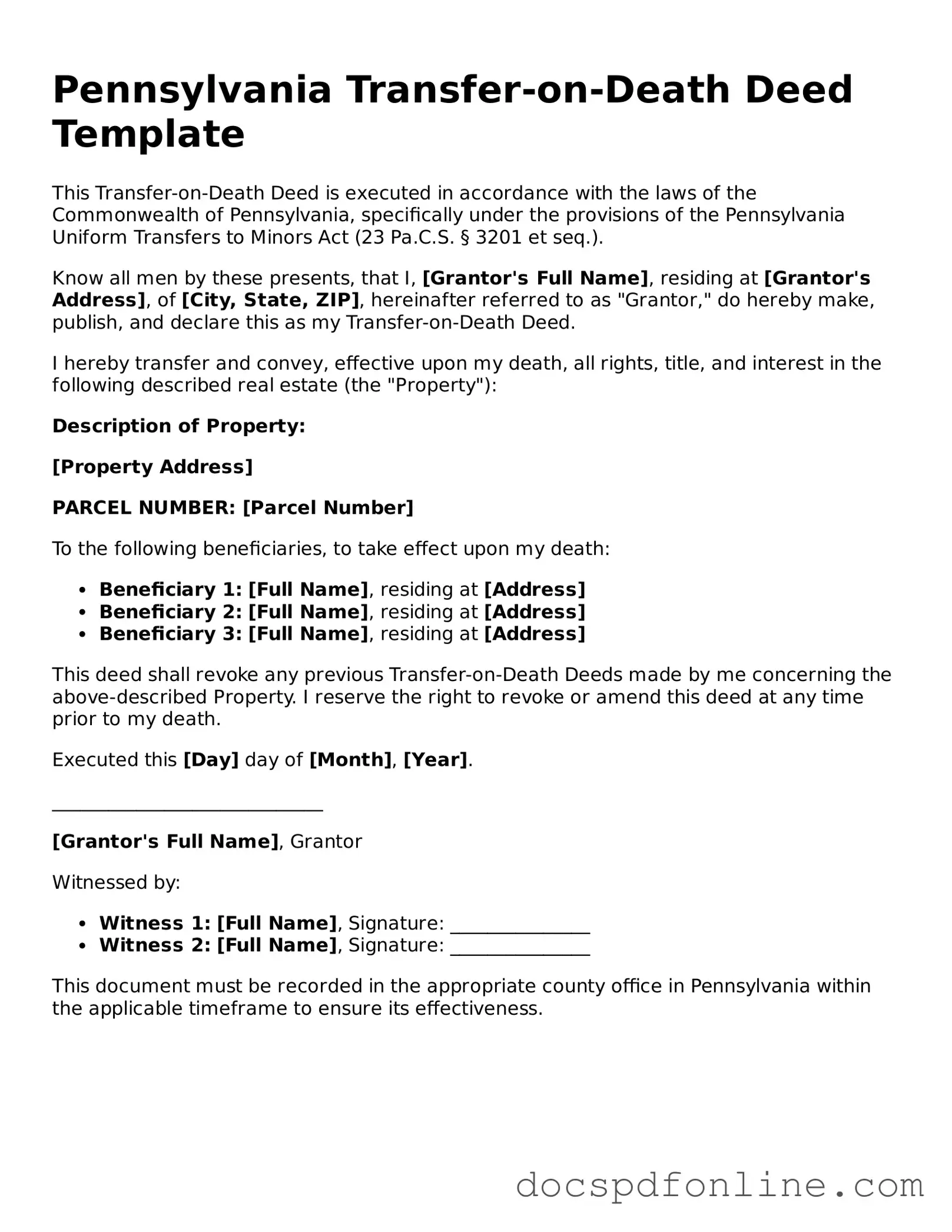 Legal  Transfer-on-Death Deed Template for Pennsylvania