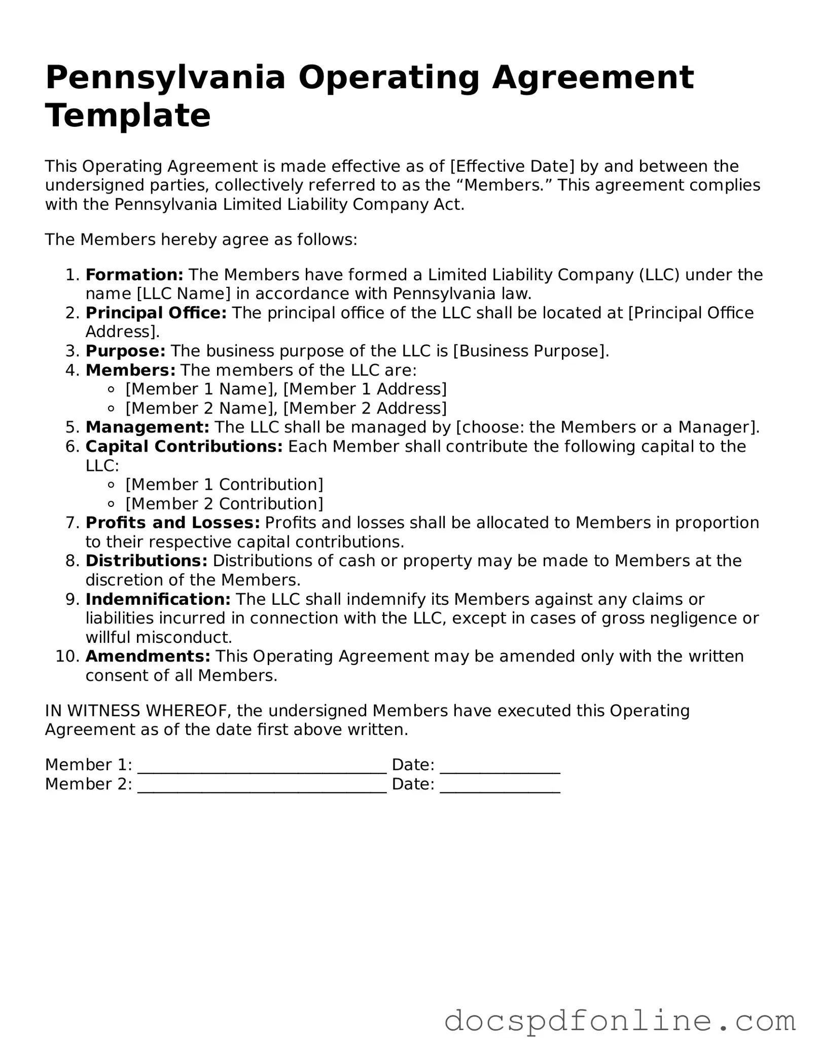 Legal  Operating Agreement Template for Pennsylvania