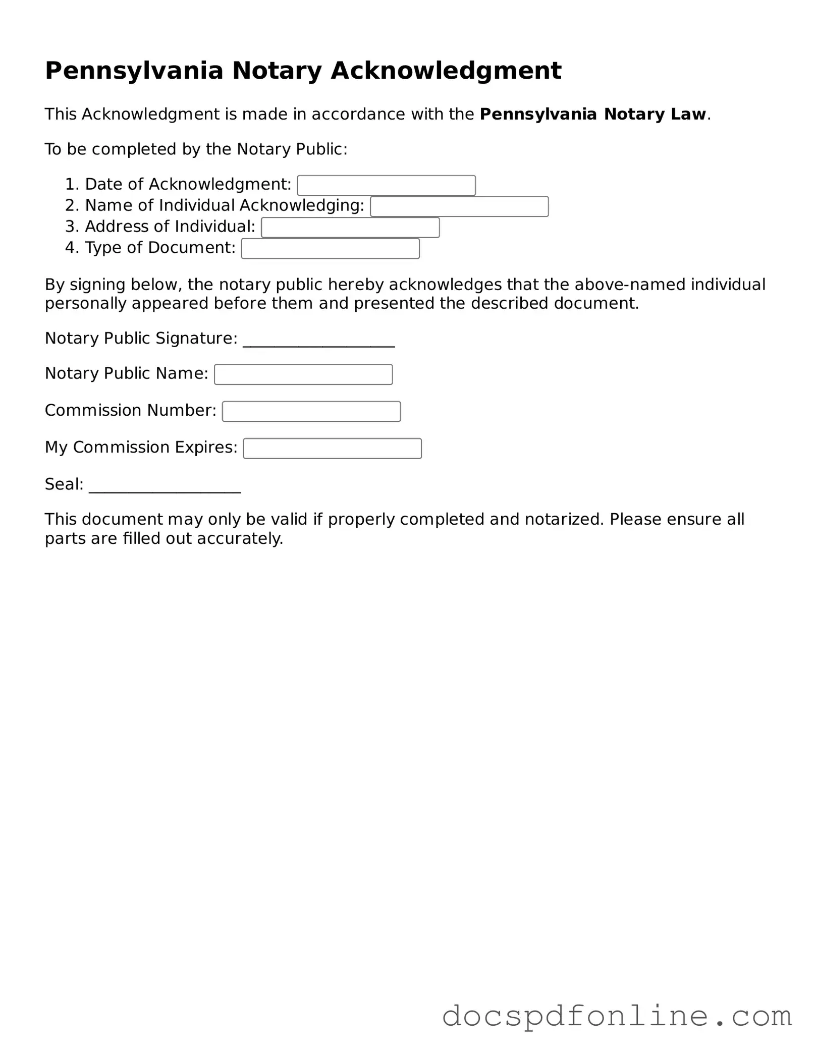 Legal Notary Acknowledgement Template for Pennsylvania