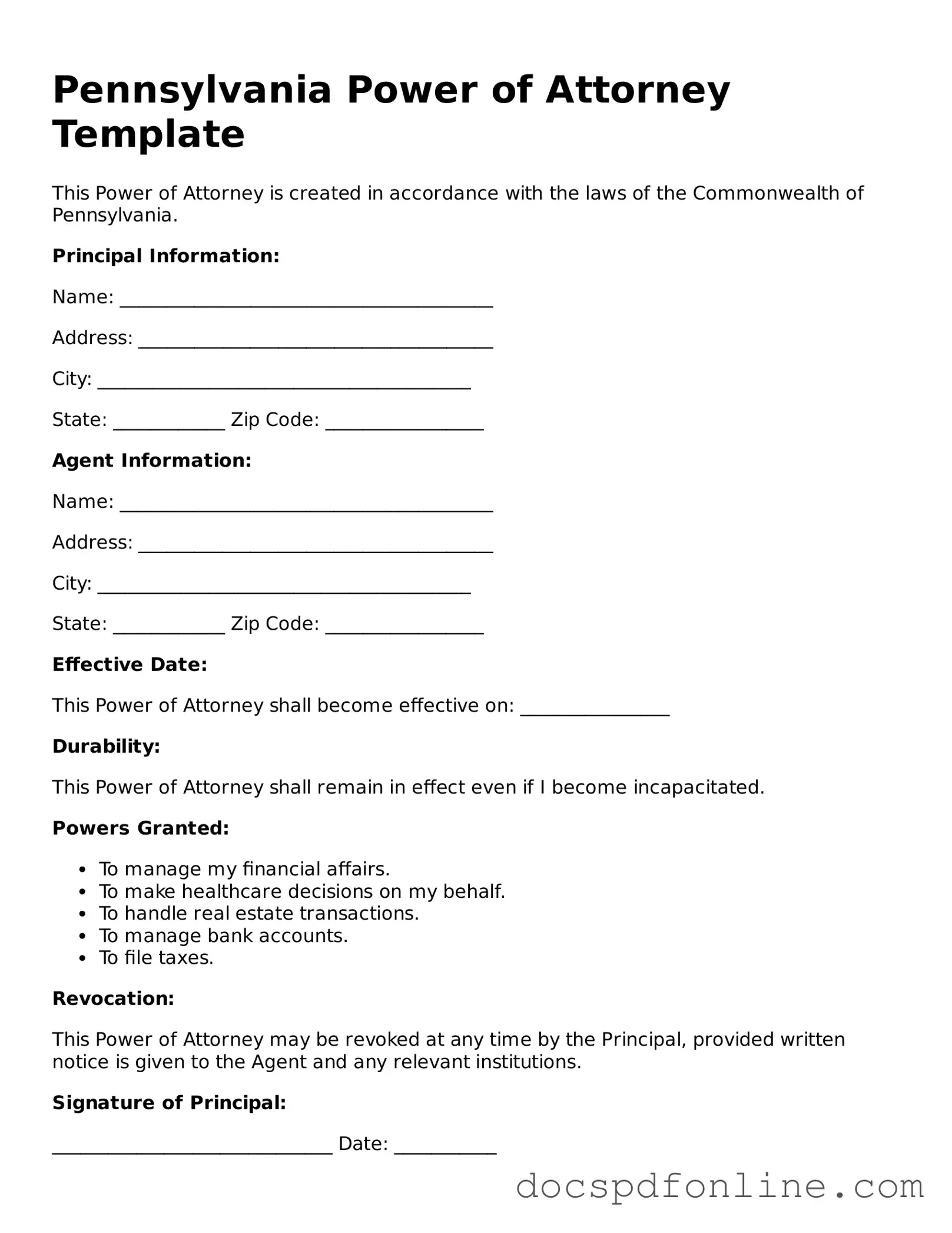 Legal  Power of Attorney Template for Pennsylvania