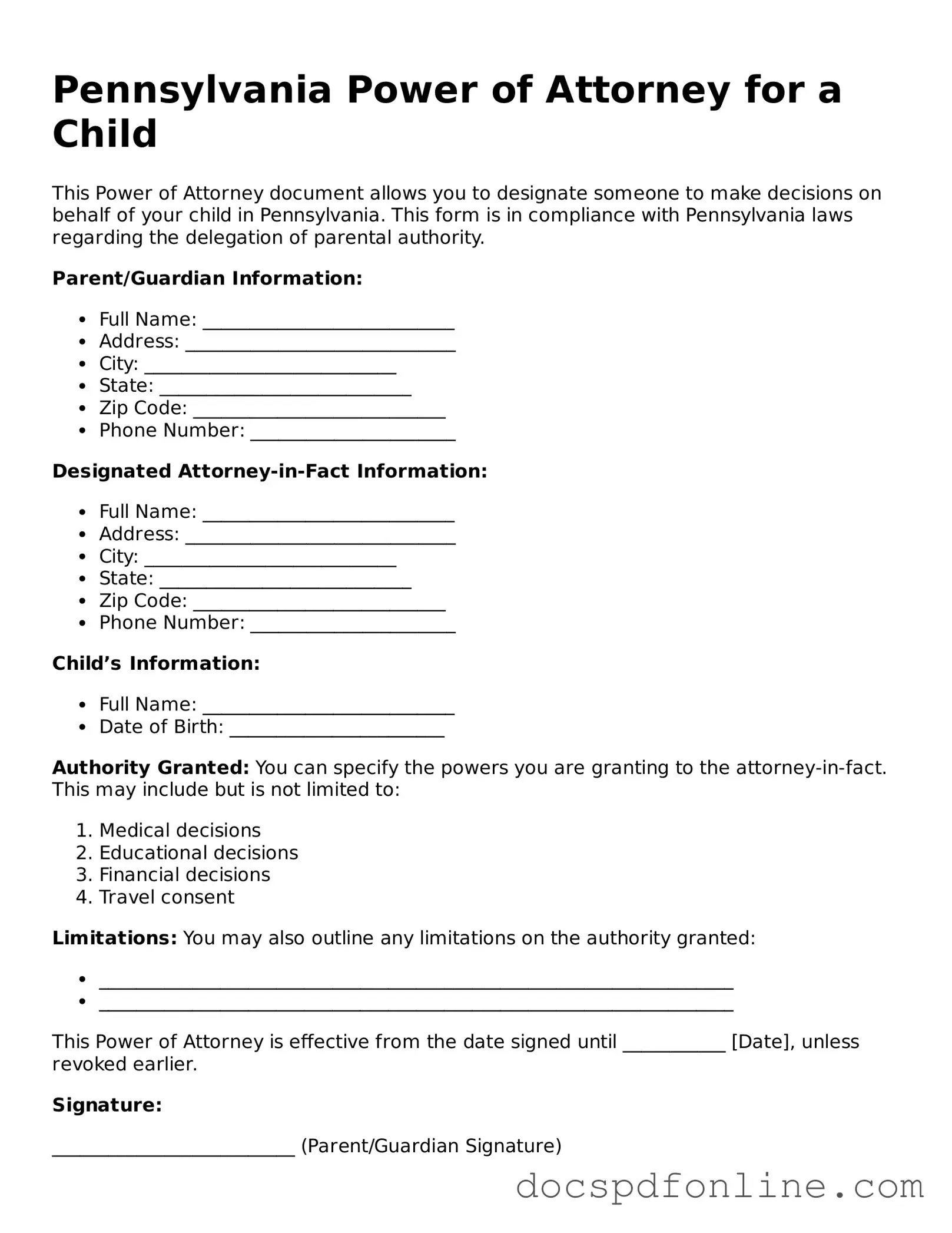 Legal  Power of Attorney for a Child Template for Pennsylvania