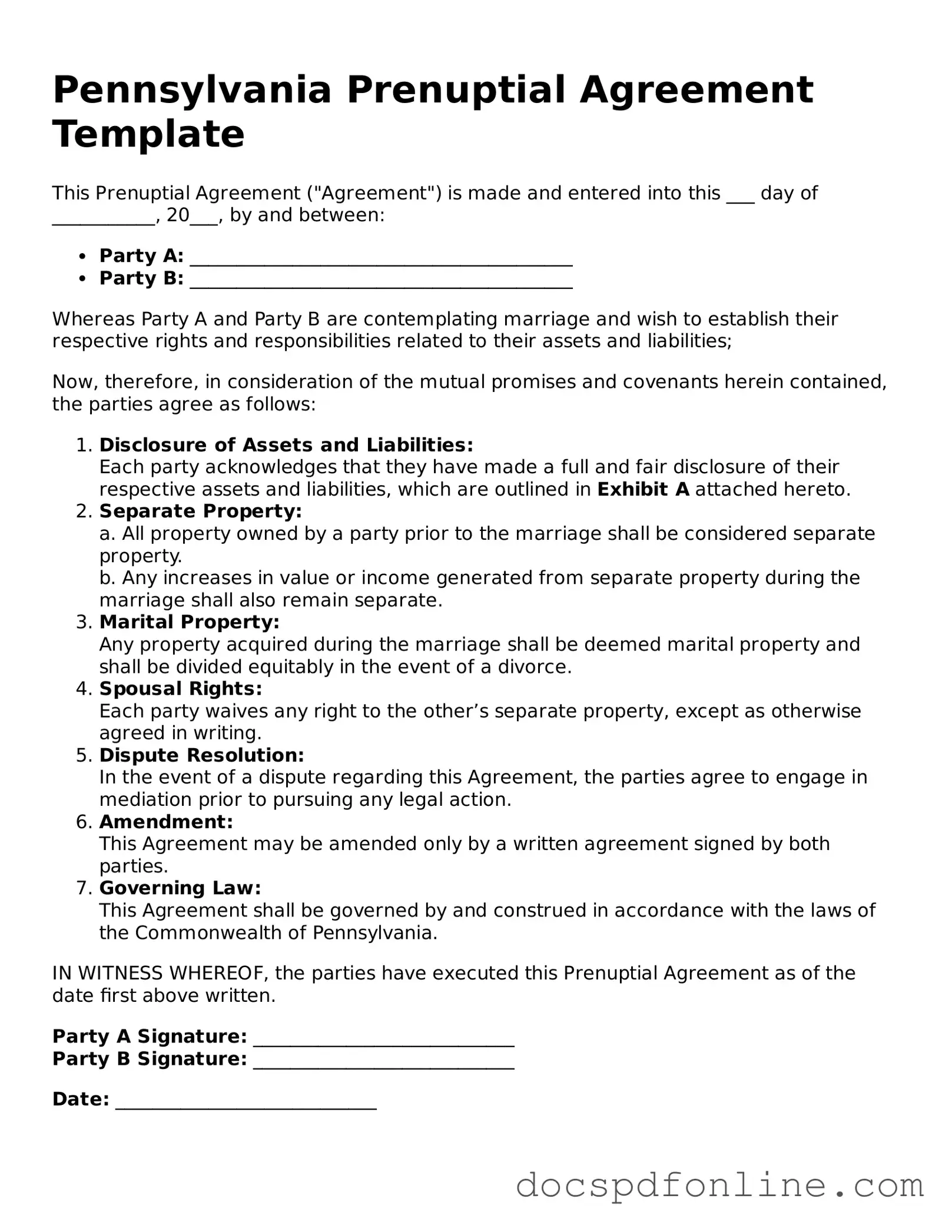 Legal  Prenuptial Agreement Template for Pennsylvania