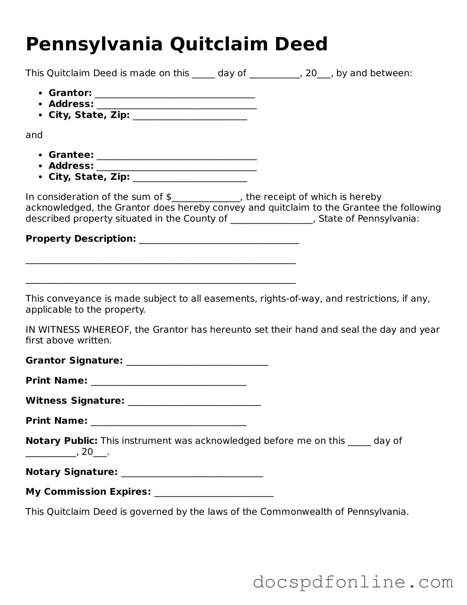 Legal  Quitclaim Deed Template for Pennsylvania