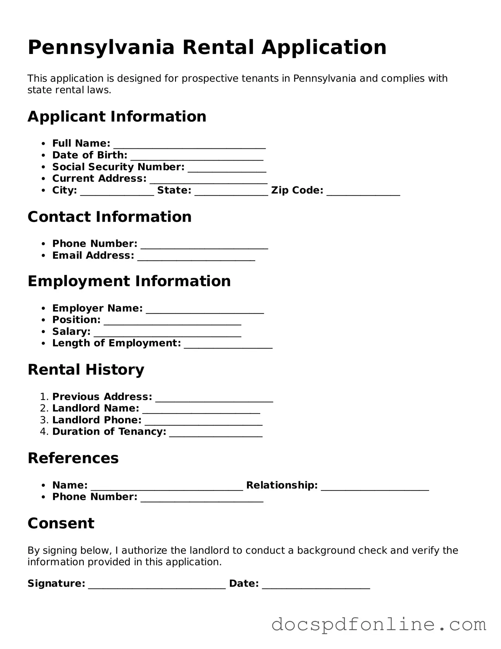 Legal  Rental Application Template for Pennsylvania