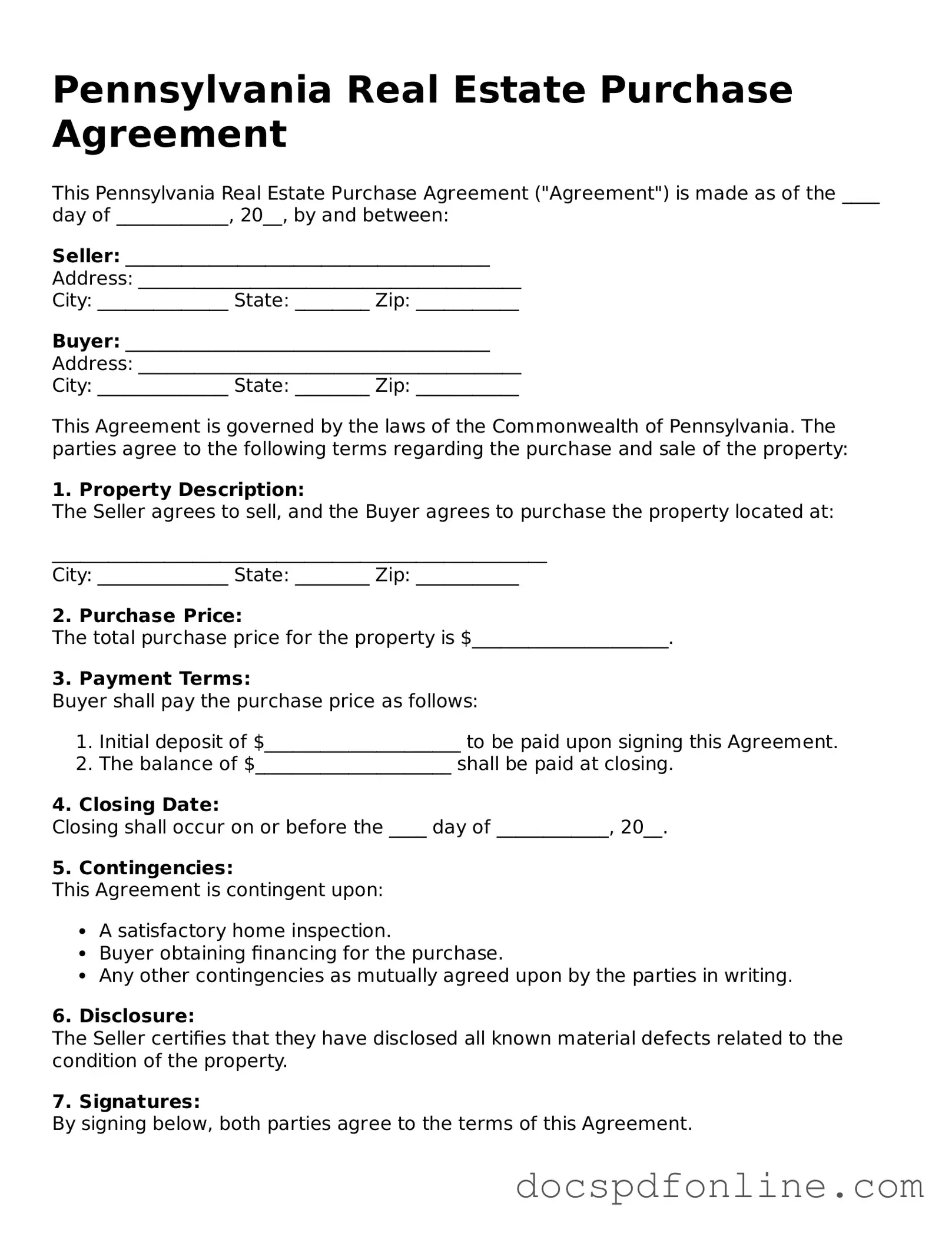 Legal  Real Estate Purchase Agreement Template for Pennsylvania