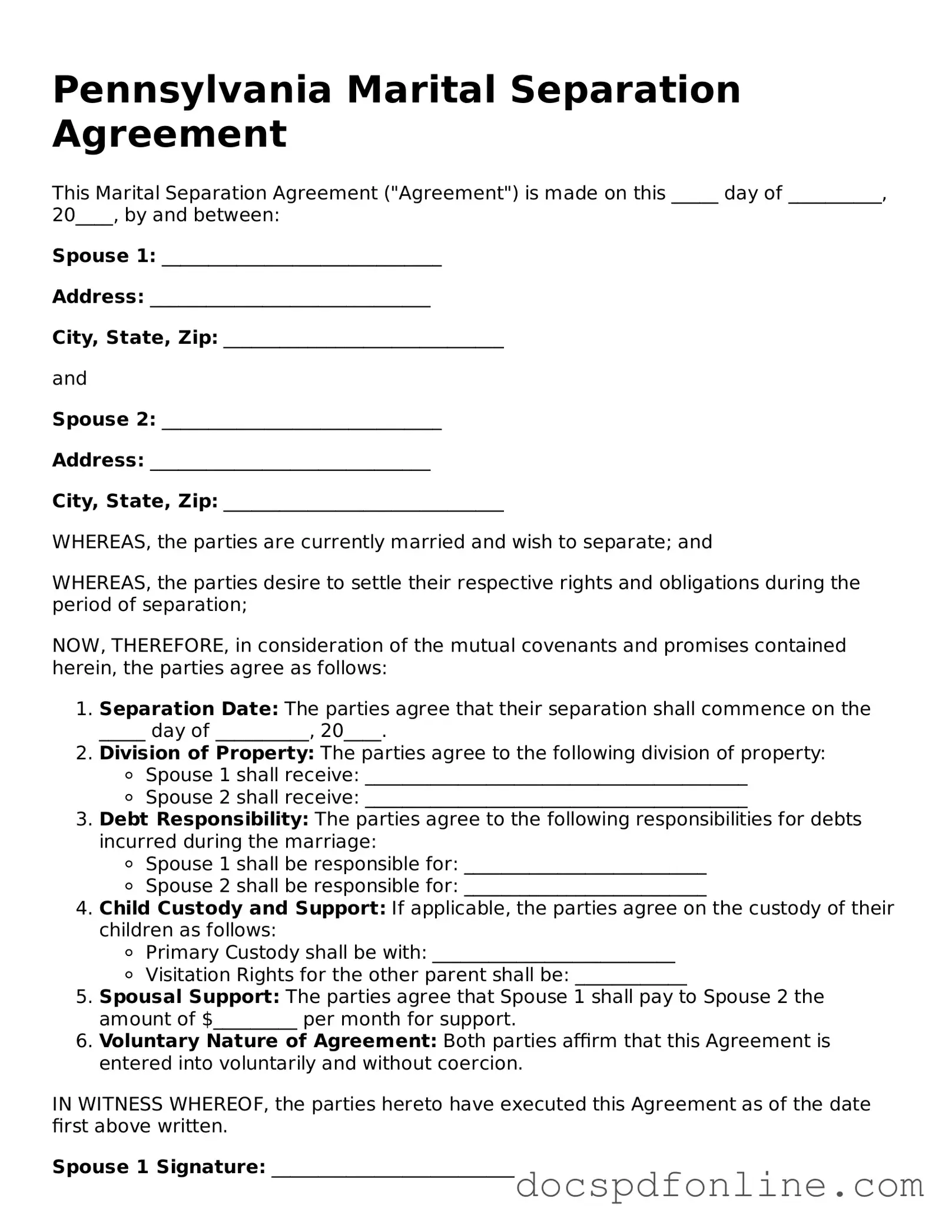 Legal  Marital Separation Agreement Template for Pennsylvania