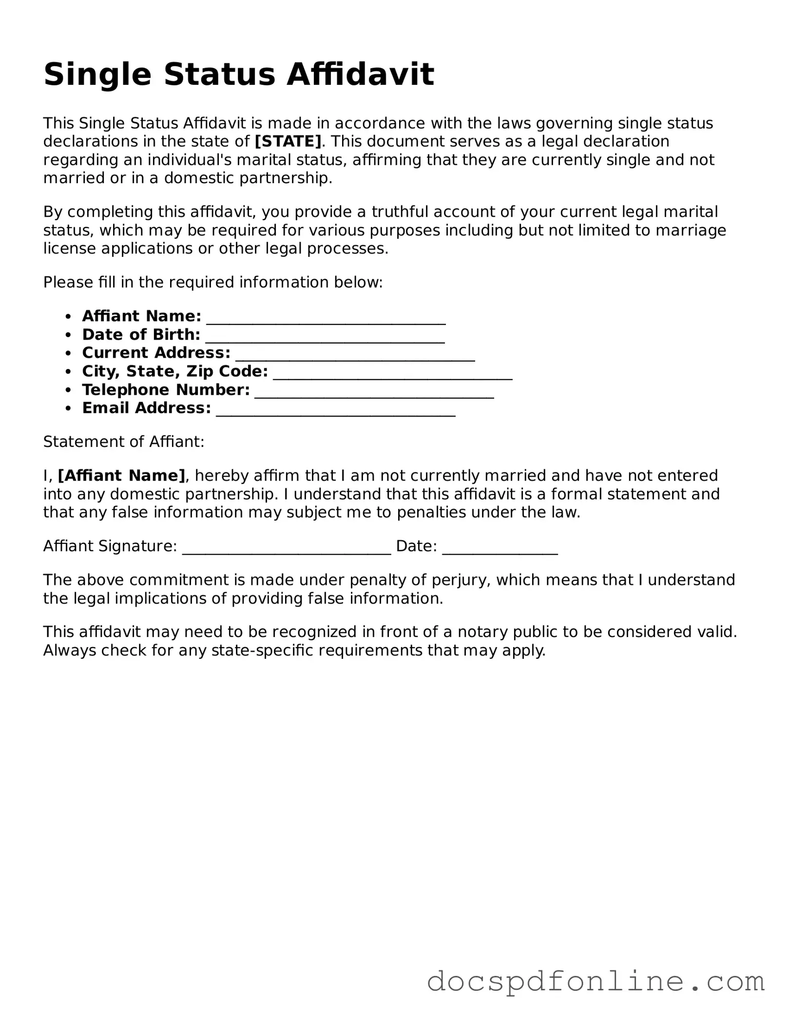 Attorney-Approved Single Status Affidavit Document