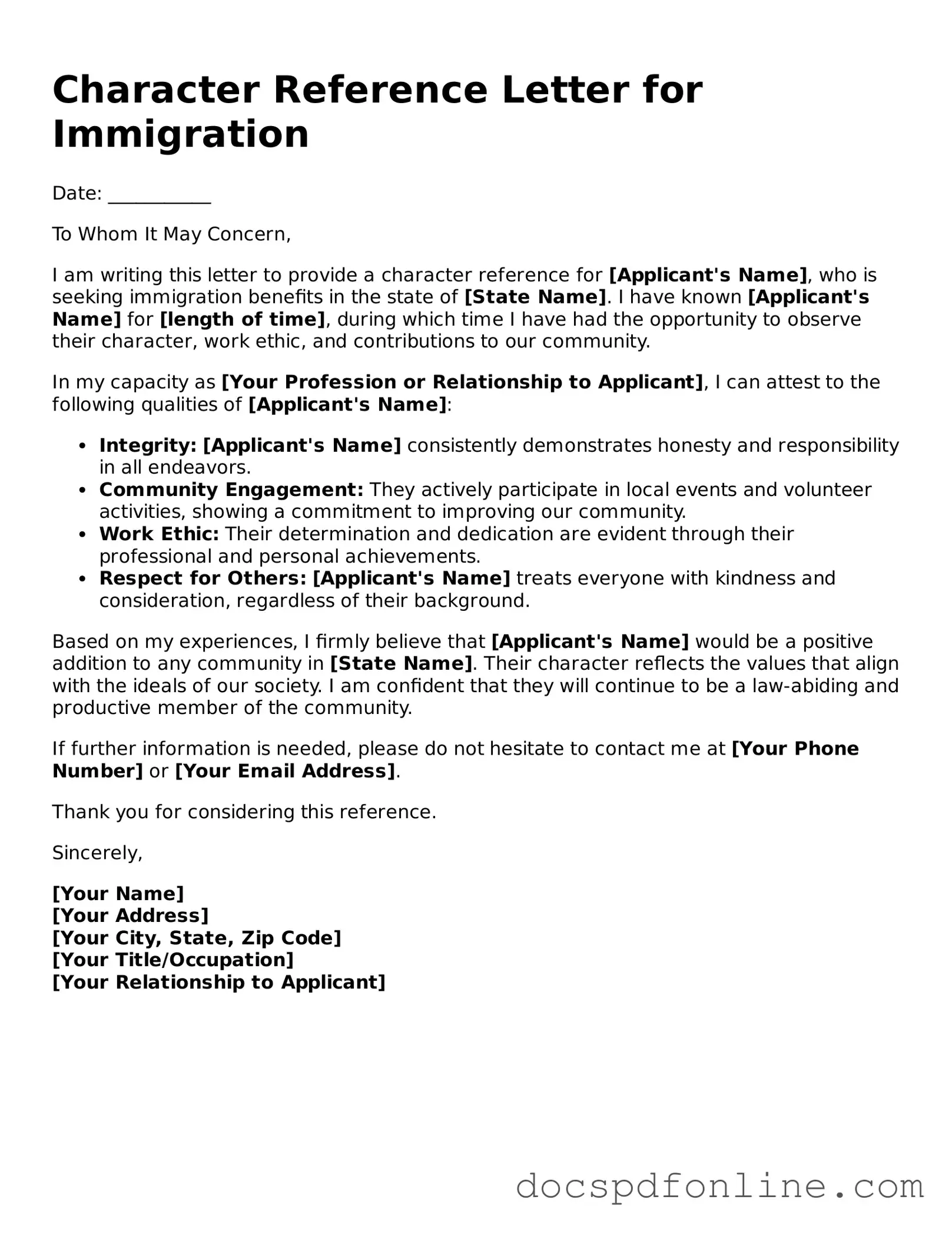Attorney-Approved Character Reference Letter for Immigration Document