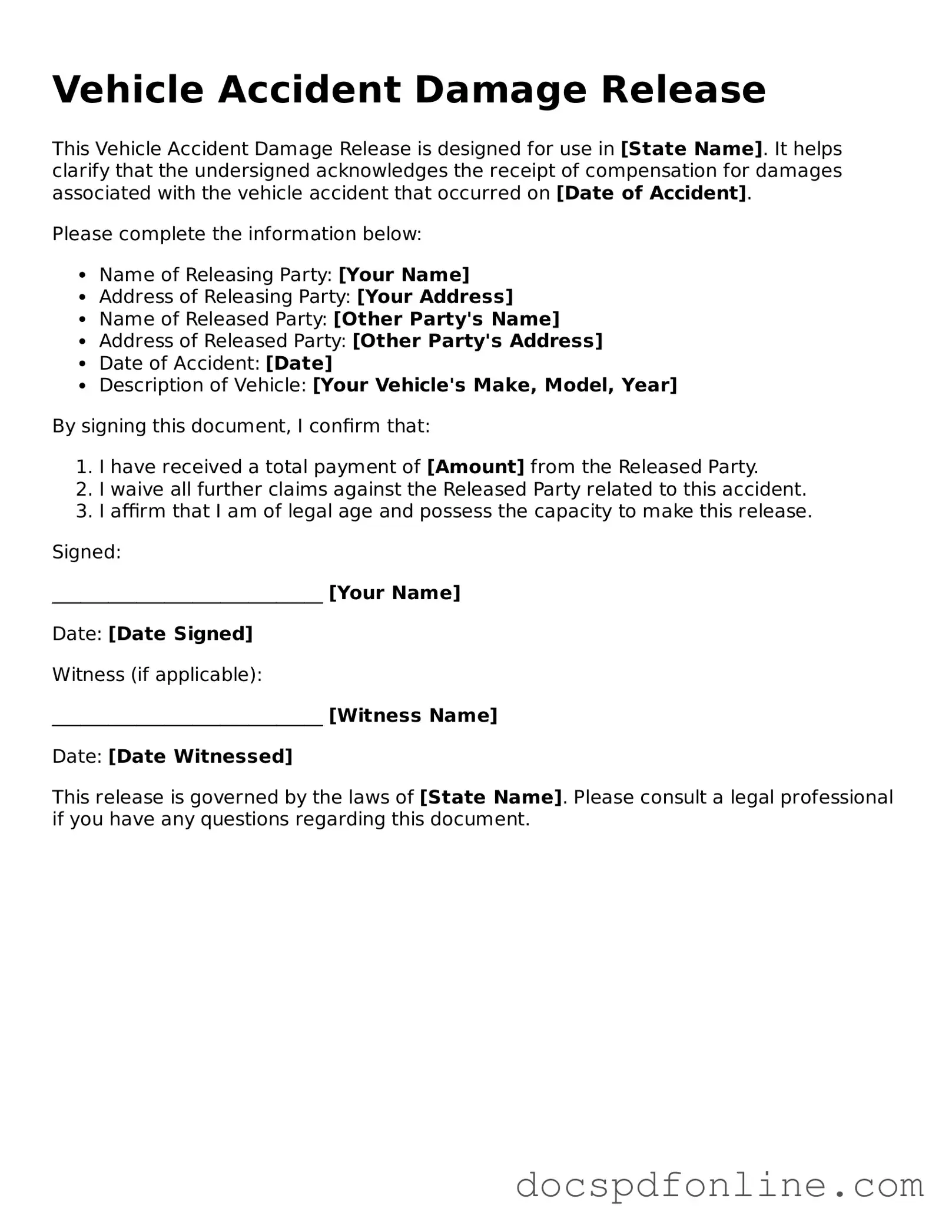Attorney-Approved Vehicle Accident Damage Release Document