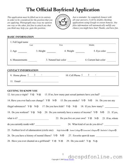 Fill Your Boyfriend application form Form