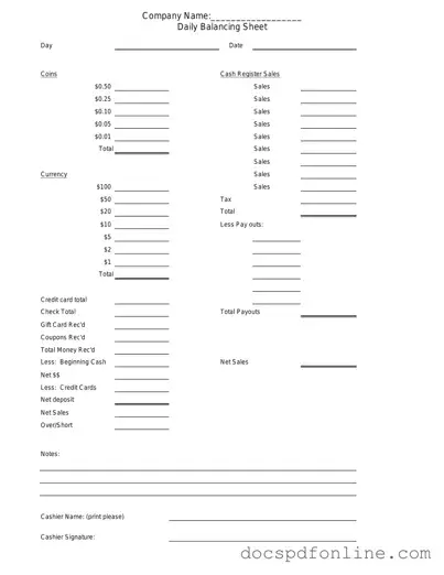 Fill Your Cash Drawer Count Sheet Form