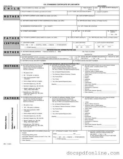 Fill Your CDC U.S. Standard Certificate of Live Birth Form