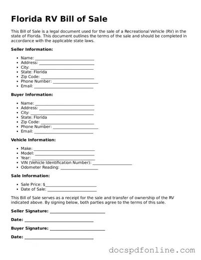 Legal  RV Bill of Sale Template for Florida