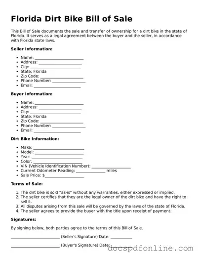Legal  Dirt Bike Bill of Sale Template for Florida