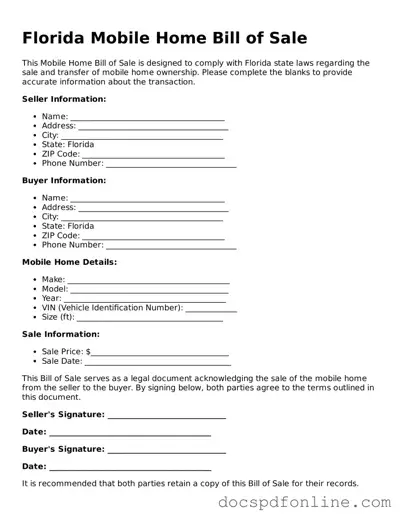 Legal  Mobile Home Bill of Sale Template for Florida