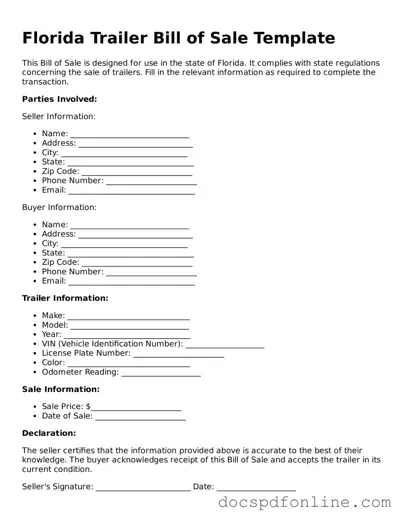 Legal  Trailer Bill of Sale Template for Florida