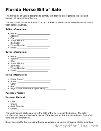 Legal  Horse Bill of Sale Template for Florida