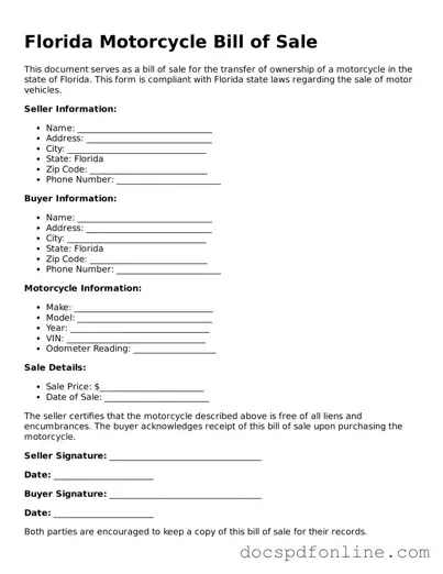 Legal  Motorcycle Bill of Sale Template for Florida