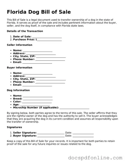 Legal  Dog Bill of Sale Template for Florida