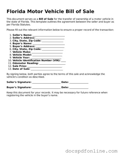 Legal  Motor Vehicle Bill of Sale Template for Florida