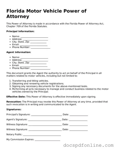 Legal  Motor Vehicle Power of Attorney Template for Florida