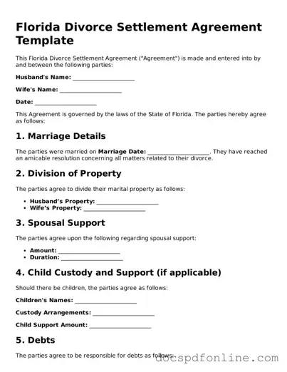 Legal  Divorce Settlement Agreement Template for Florida