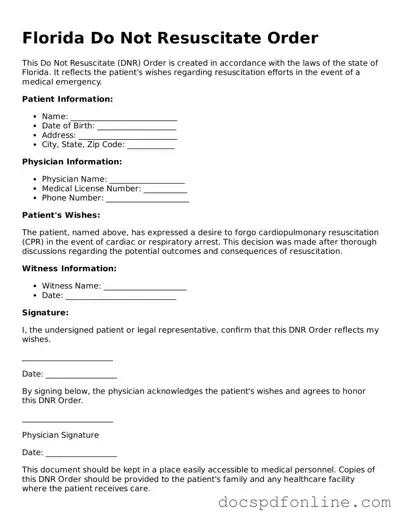 Legal  Do Not Resuscitate Order Template for Florida