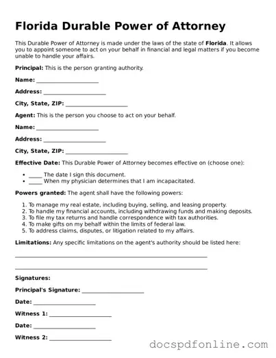 Legal  Durable Power of Attorney Template for Florida