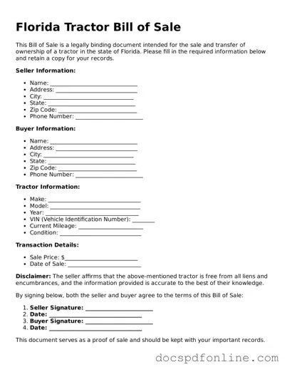 Legal  Tractor Bill of Sale Template for Florida
