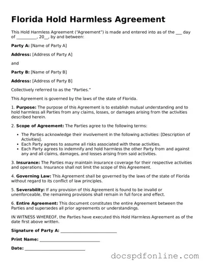 Legal  Hold Harmless Agreement Template for Florida