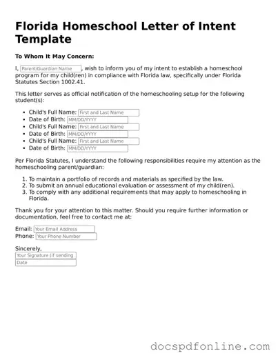 Legal  Homeschool Letter of Intent Template for Florida