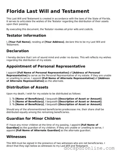 Legal  Last Will and Testament Template for Florida