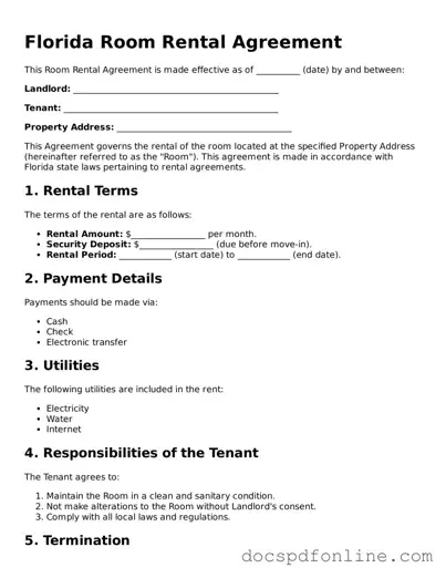 Legal  Room Rental Agreement Template for Florida