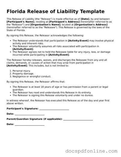 Legal  Release of Liability Template for Florida