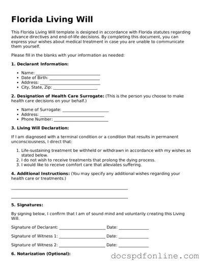 Legal  Living Will Template for Florida