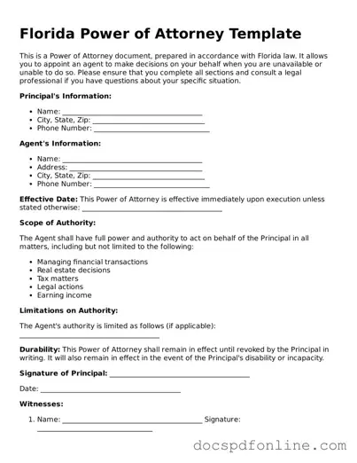 Legal  Power of Attorney Template for Florida