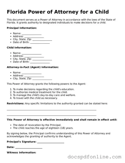 Legal  Power of Attorney for a Child Template for Florida