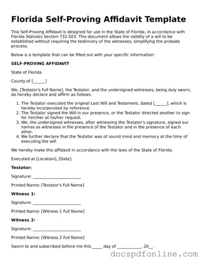 Legal  Self-Proving Affidavit Template for Florida