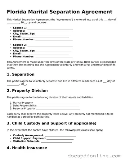 Legal  Marital Separation Agreement Template for Florida