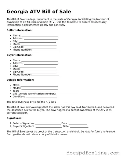 Legal  ATV Bill of Sale Template for Georgia