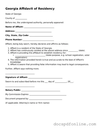 Legal  Affidavit of Residency Template for Georgia
