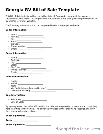Legal  RV Bill of Sale Template for Georgia