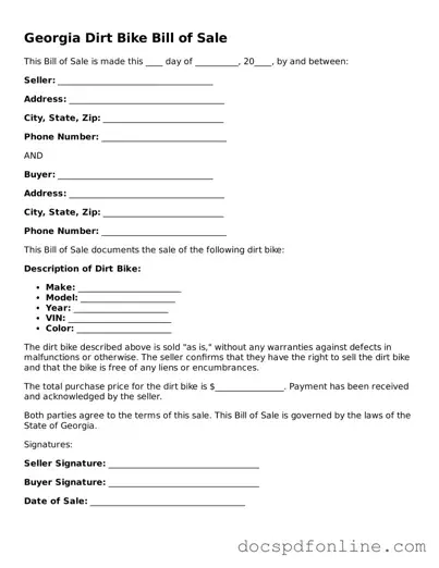 Legal  Dirt Bike Bill of Sale Template for Georgia