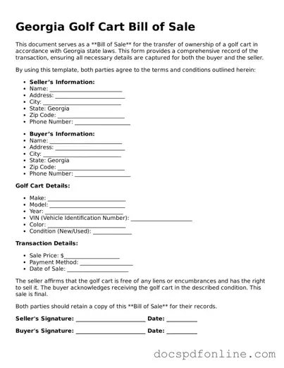 Legal  Golf Cart Bill of Sale Template for Georgia