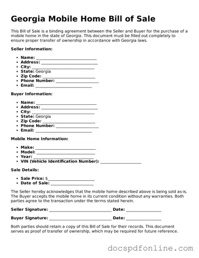 Legal  Mobile Home Bill of Sale Template for Georgia