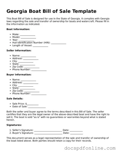Legal  Boat Bill of Sale Template for Georgia